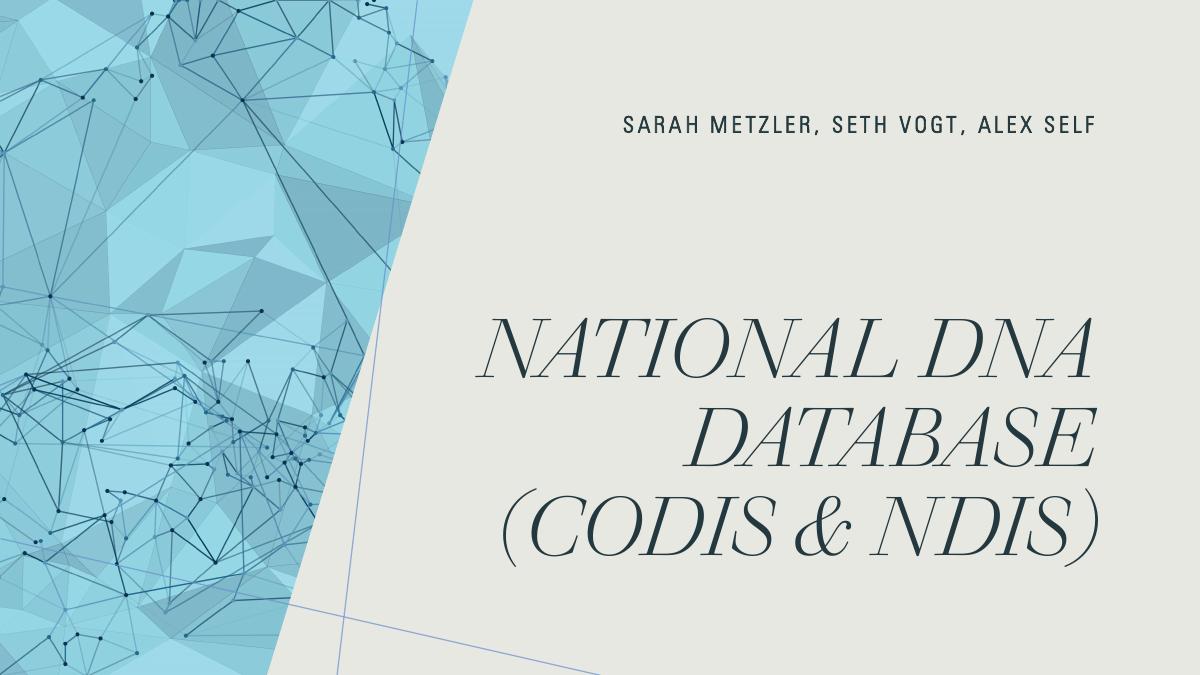 Title slide reading National DNA Database, CODIS and NDIS, with Sarah Metzler listed as a group member